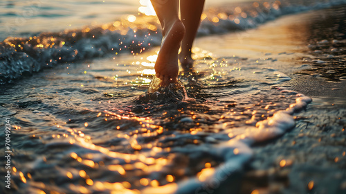 Refreshing Evening Walk: Feet Splashing in Seashore Waters at Sunset © HappyKris