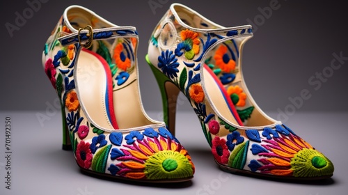 Vibrant spring shoes with intricate embroidery, reminiscent of a cultural celebration.
