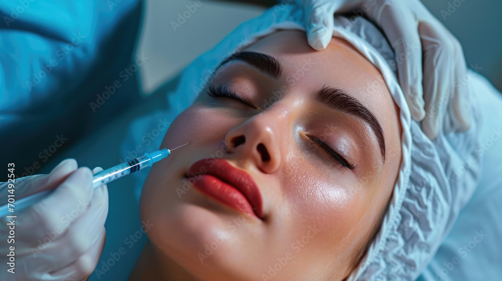 Woman receiving botox, cosmetic hylauronic acid treatment in beauty saloon - obrazy, fototapety, plakaty 