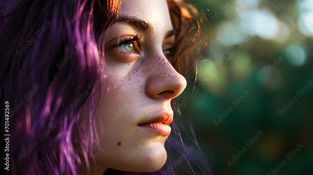 Side Profile of a Young Woman with Purple Hair and Freckles in Natural Light Side Profile of a Young Woman with Purple Hair and Freckles in Natural Light