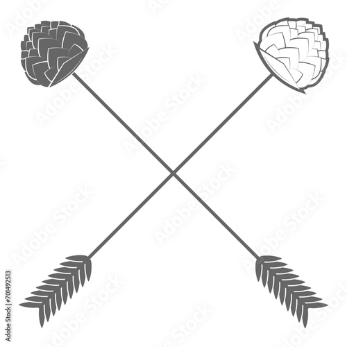 Set of two-color beer craft icons. Vector illustration. Contains arrows with hops arowhead, ribbon, bottles, mugs, barrel, hops, hand with hops.. Item 11