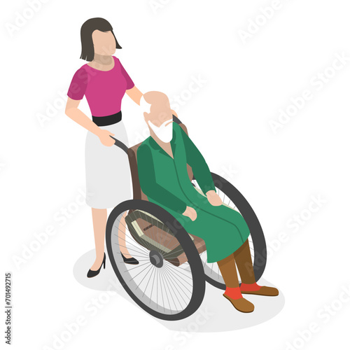 3D Isometric Flat Vector Illustration of Elderly Care, Caregivers Assisting Seniors. Item 4
