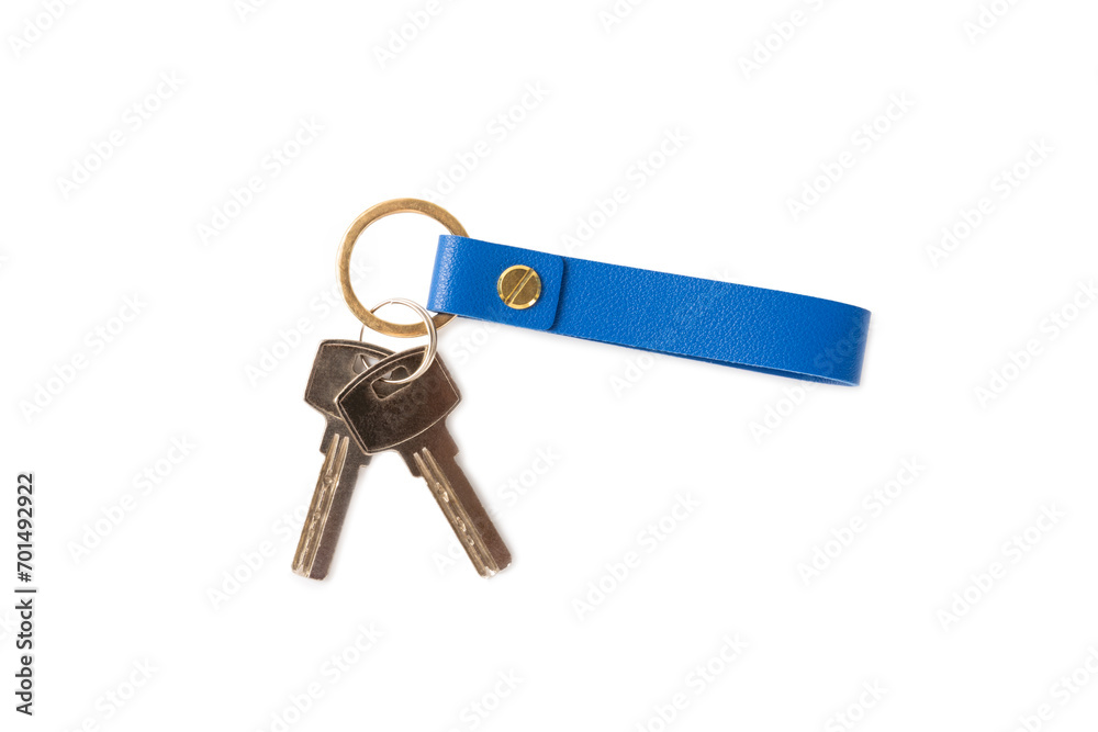 Leather keychain with key ring isolated on white background. Concepts for real estate and moving home or renting property. Buying a property. Mock-up keychain.Copy space. Leather keychain with key ring isolated on white background. Concepts for real estate and moving home or renting property. Buying a property. Mock-up keychain.Copy space.