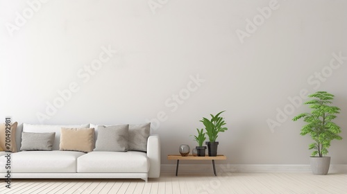 empty white wall for writing, minimalist beige living room interior, sofa on wooden floor, © ellisa_studio
