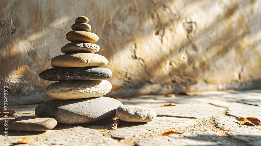 Obraz premium Spa, balance, meditation and zen minimal modern concept. Stack of stone pebbles with shimmering sunlight and rock background