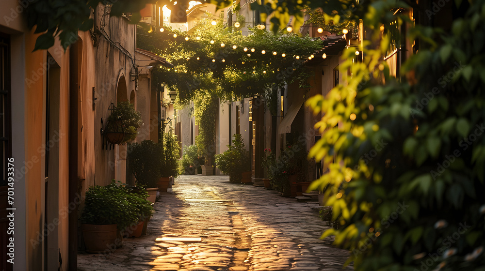 Italian Street with hanging lights shines in the warm sunset light 