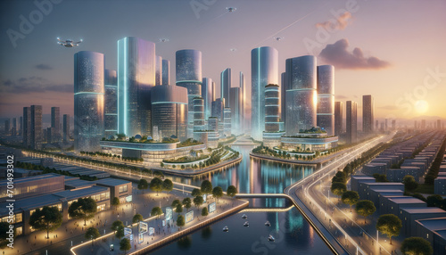 Futuristic smart city at golden hour with serene water reflection. photo