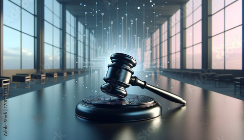 Futuristic AI and Law: Metallic gavel on sleek bench in serene minimalist courtroom.