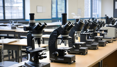 Microscopes in a science lab classroom