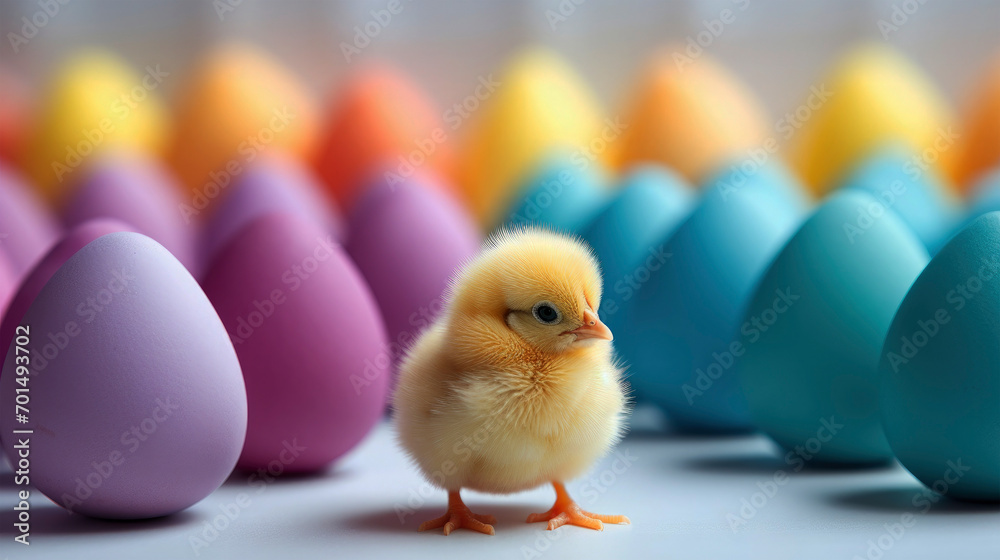 Easter holiday celebration, yellow chick sitting in front of decoration with colored easter eggs, greeting card Easter holiday celebration, yellow chick sitting in front of decoration with colored easter eggs, greeting card