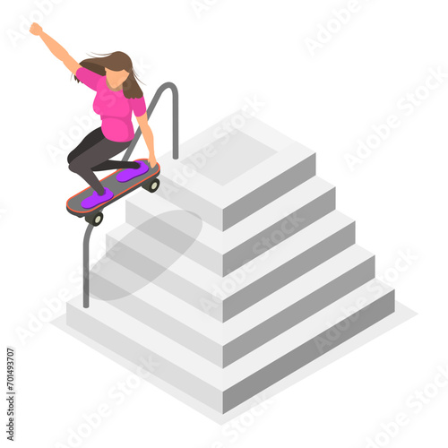 3D Isometric Flat Vector Illustration of Skaters Set, Skateboarders Riding Skateboards at Skatepark. Item 1