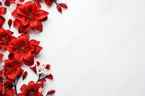 White background with red beautiful flowers on the left and space for text. Generated by artificial intelligence #701493751