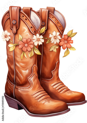 Cowboy Boot With Wildflowers. Color Printable Illustration Isolated on white background
