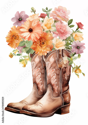 Flowers In Boot. Cowboy Boot With Wildflowers. Bouquet Color Printable Illustration Isolated on white photo