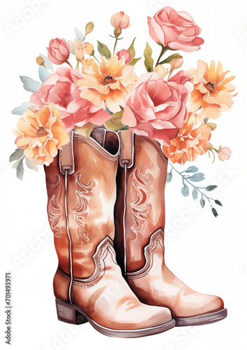 Flowers In Boot. Cowboy Boot With Wildflowers.  Color Printable Illustration Isolated
