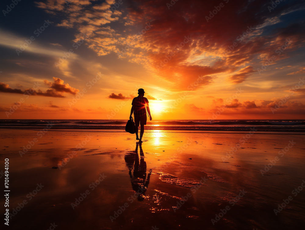 A lone traveler stands in silhouette, bathed in the warm, breathtaking hues of a setting sun.