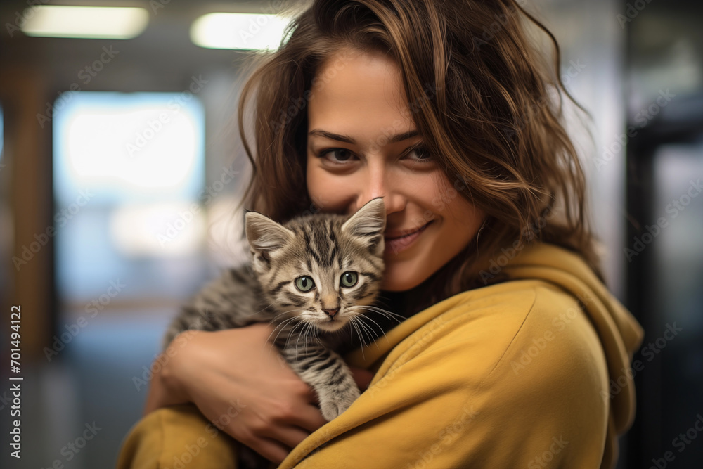 Beautiful young woman holding a tabby kitten in her arms, cradling a newly adopted cat in her arms at an animal shelter. Generative AI Beautiful young woman holding a tabby kitten in her arms, cradling a newly adopted cat in her arms at an animal shelter. Generative AI