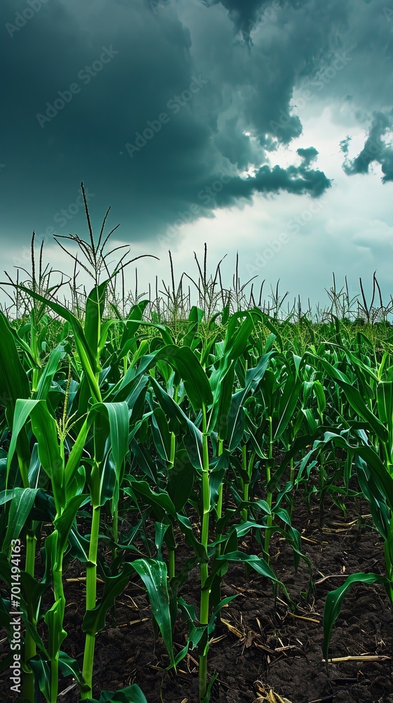 A corn field against the background of a stormy sky filled with dark storm clouds A corn field against the background of a stormy sky filled with dark storm clouds