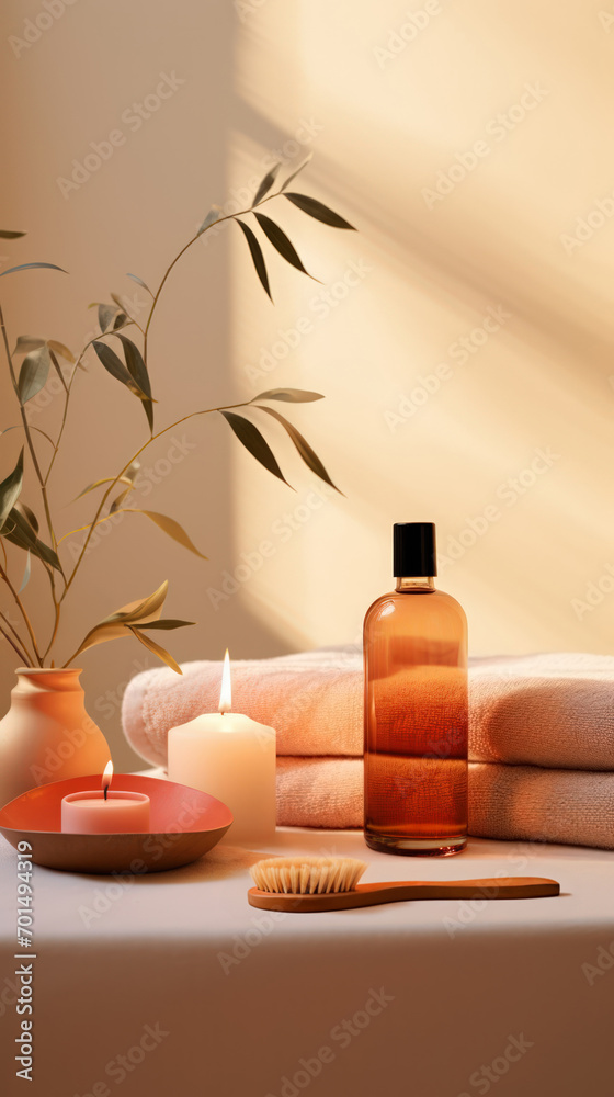Peaceful Spa Setting with Oil, Brush, Plant, Candles and Towels. Warm and inviting spa scene with plant and brush. Create a spa-like atmosphere at home with these essentials