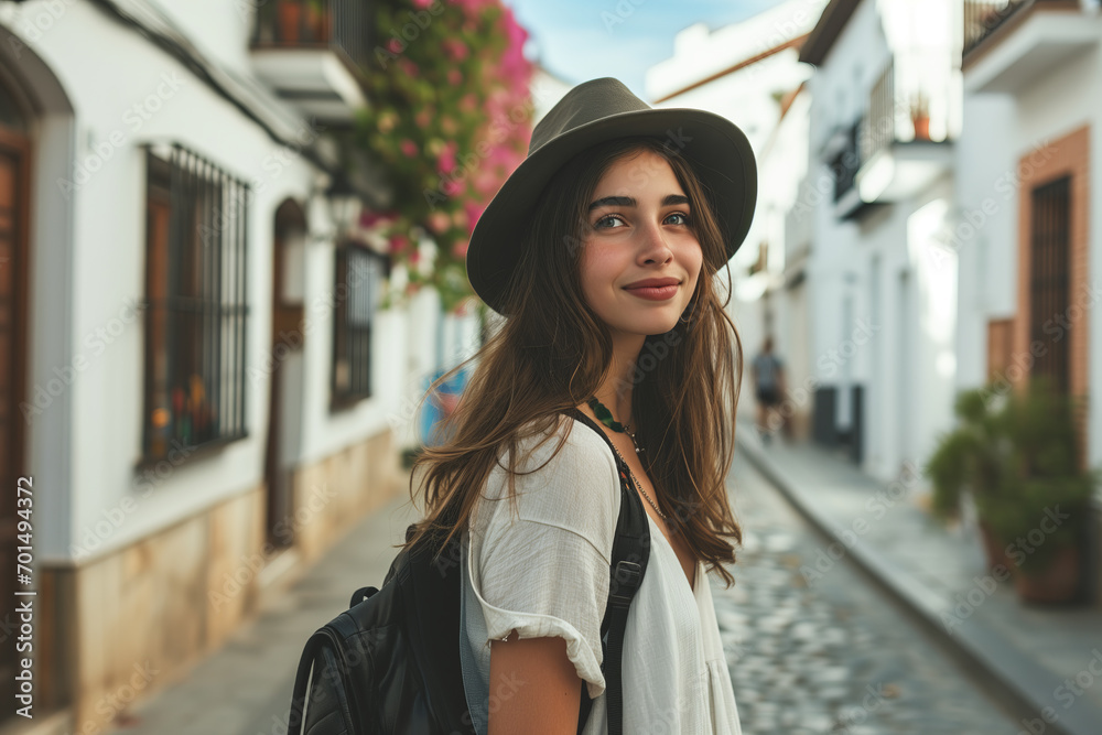 Smiling Young Female Tourist Enjoying a Leisurely Walk in Andalucía, Spain