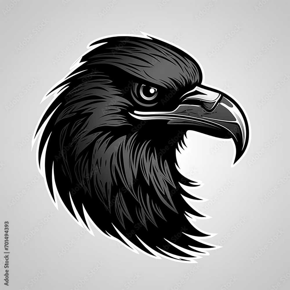 Obraz premium Angry black raven, logo, monochrome drawing, bird Icon, raven symbol, angry bird portrait, predator pictogram, for laser engraving 