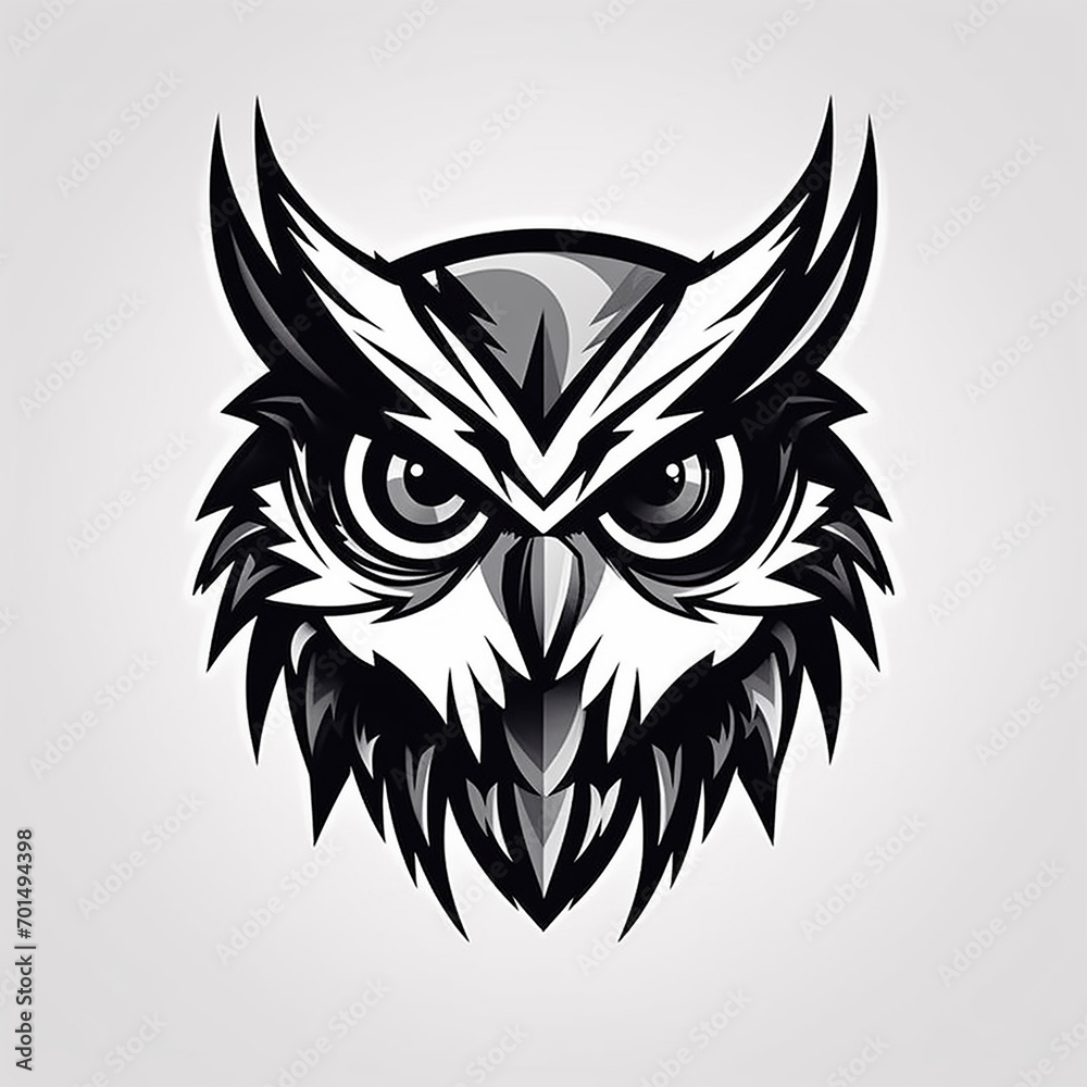 Angry predatory owl, logo, monochrome drawing, bird Icon, owl symbol, angry bird portrait, predator pictogram, for laser engraving