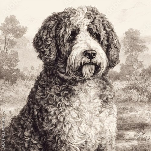 Spanish water dog engrawing, engraving style, close-up portrait, black and white drawing, cute dog, favorite pet