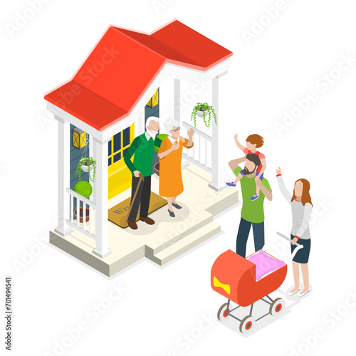 3D Isometric Flat Vector Illustration of Set Of People Leaving Home, Goodbye on House Doorstep. Item 2