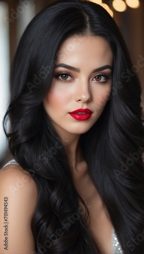 portrait of a woman with black hair and red lips