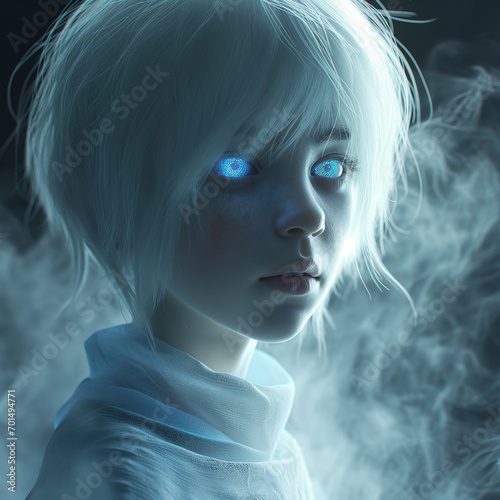 A five year old female child ghost with short lenght white hair, glowing blue eyes and a misty light blue misty skin