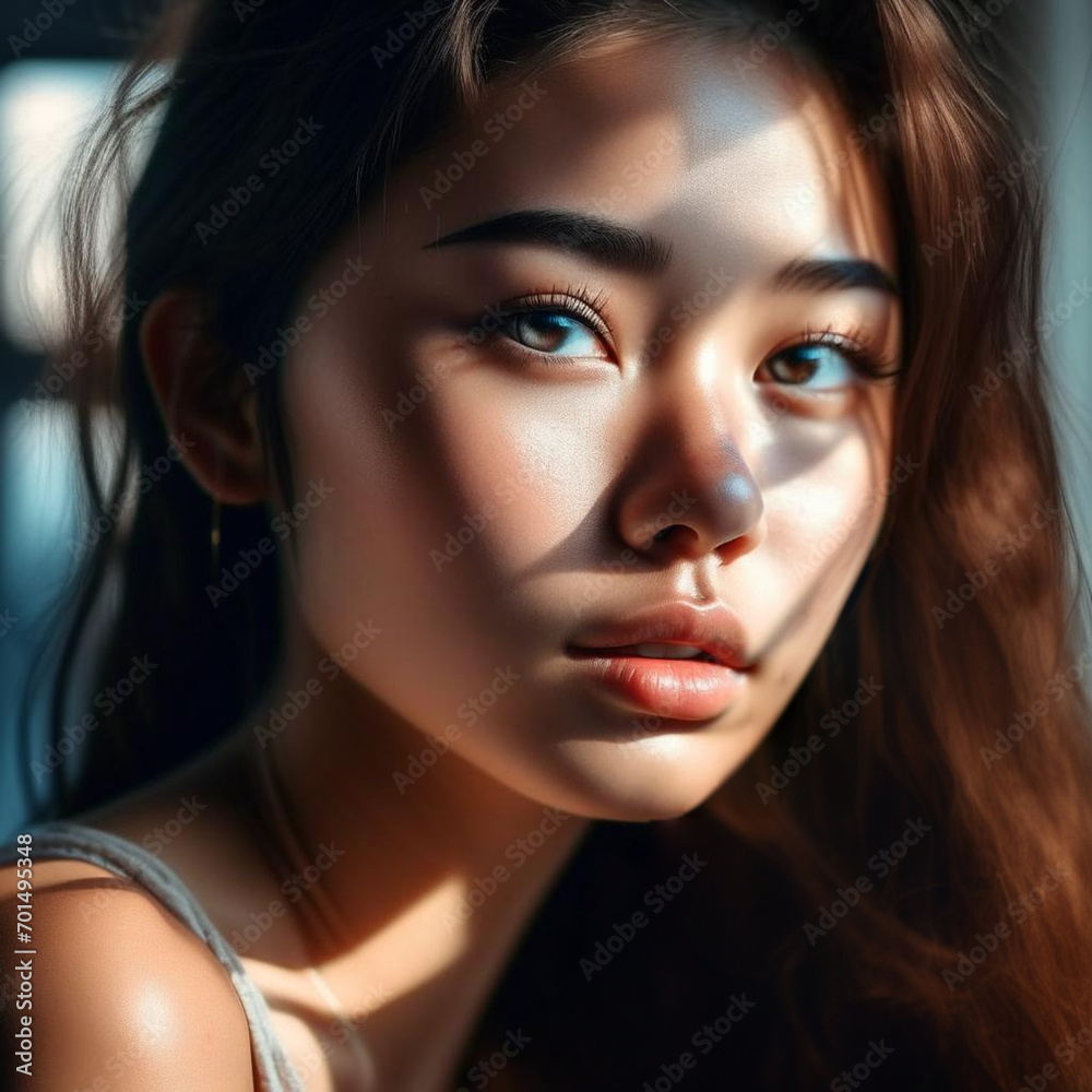 young asian girl with long hair and natural makeup smiling looking at the camera young asian girl with long hair and natural makeup smiling looking at the camera