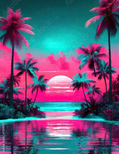 Synthwave outrun style wallpaper background with tropical plants