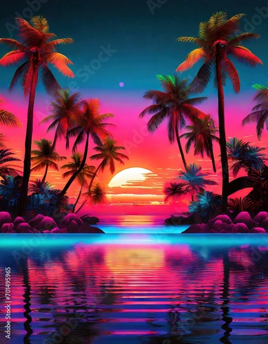 Synthwave outrun style wallpaper background with tropical plants