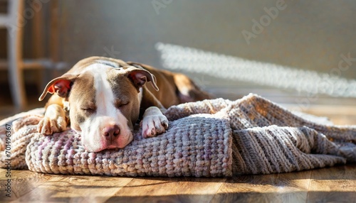 Young pit bull puppy dog sleeping on knitted blanket photo