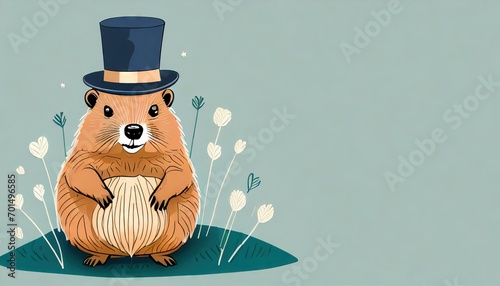 Groundhog wearing a top hat with plenty of blank copy space for your text.  photo