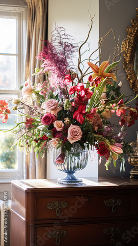 Floral arrangement with winter, autumn or early spring botanical plants and flowers