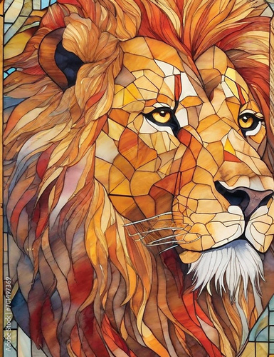 Stained Glass Watercolor Lion Head Image photo