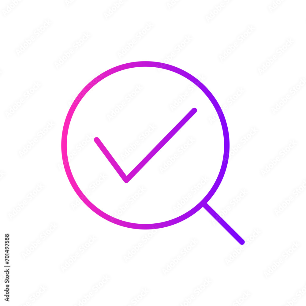 gradient icon purple - Magnifying glass with checkmark, representing approval, verification, or success, perfect for tasks or quality control themes gradient icon purple - Magnifying glass with checkmark, representing approval, verification, or success, perfect for tasks or quality control themes