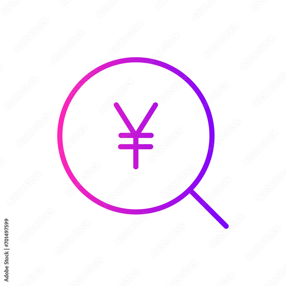 Obraz premium gradient icon purple - Yen symbol with magnifying glass icon, representing currency, finance, and money search, perfect for financial or business themes