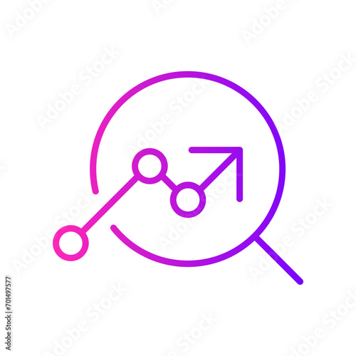 gradient icon purple - Magnifying glass with graph and arrow, representing data analysis, growth, and business progress, perfect for financial or tech-related themes