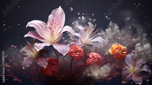 Detailed 3D floral arrangements against shimmering cosmic dust, space for text overlay.