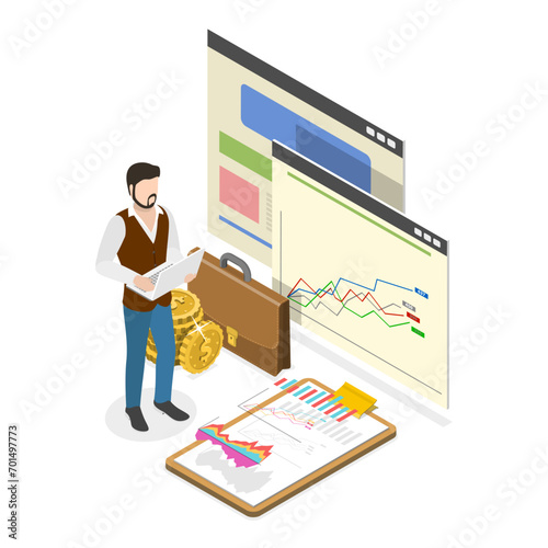 3D Isometric Flat Vector Illustration of Financial Analysis, Stock Trading, Planning Investment Strategy. Item 3