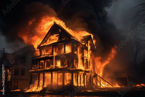 Blazing residence, flames devouring an aged house in a conflagration