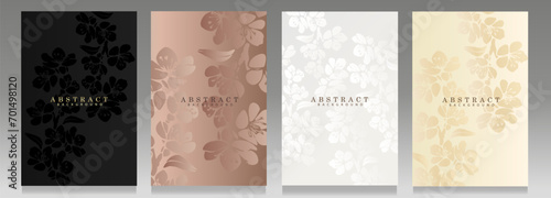 Floral cover set. Elegant design, botanical pattern, gradient shiny effect. Black, platinum and pink backgrounds with small silhouette flowers.