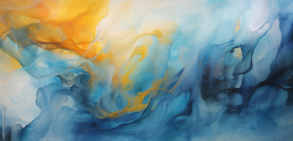 Energetic explosions of cerulean and goldenrod smoke erupting in jubilant harmony, crafting a vivid and ethereal display against the celestial canvas.