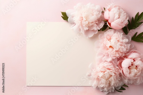 Elegantly positioned peonies against a blush pink surface, forming a serene frame with ample room for creative text placement.