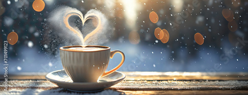 A Cup of Hot Chocolate with Heart-Shaped Steam. Steaming cup of hot chocolate with a heart-shaped swirl of steam on a wintry day