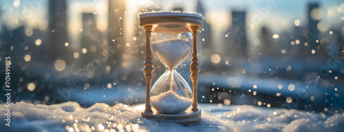 Hourglass on Snowy Sill: The Fleeting Nature of Time. An antique timepiece rests on a frosty window ledge, its sands shifting amidst a winter sunrise. City backdrop, symbolizing the passage of time.