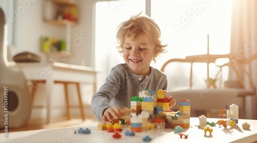 Happy European kid having fun playing with toy bricks constructor at home. Creative wallpaper, activity for children, happy emotion