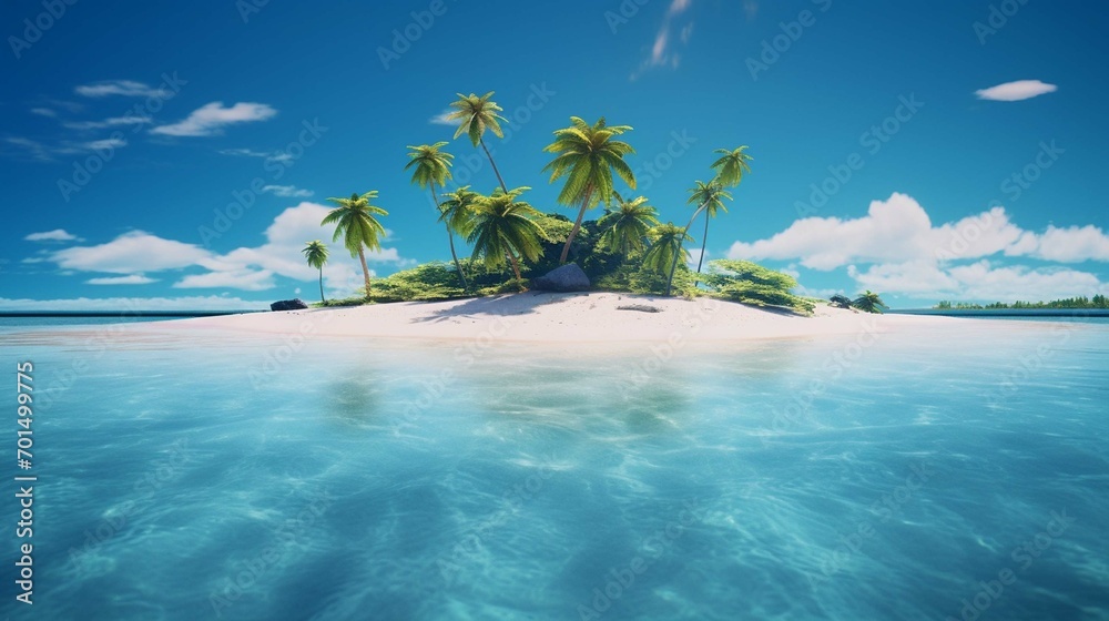 Small tropical sandy island surrounded by the blue waters of the ocean. A beautiful bright blue summer sunny sky.